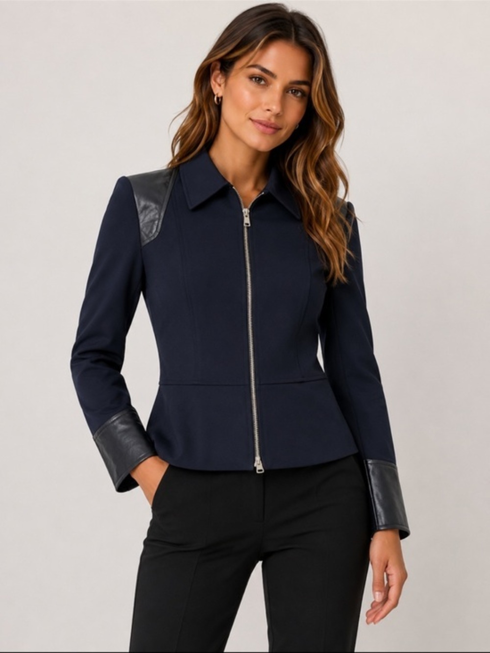 Bandolera Woman Black Faux Leather Trim Zip Jacket Size 4
